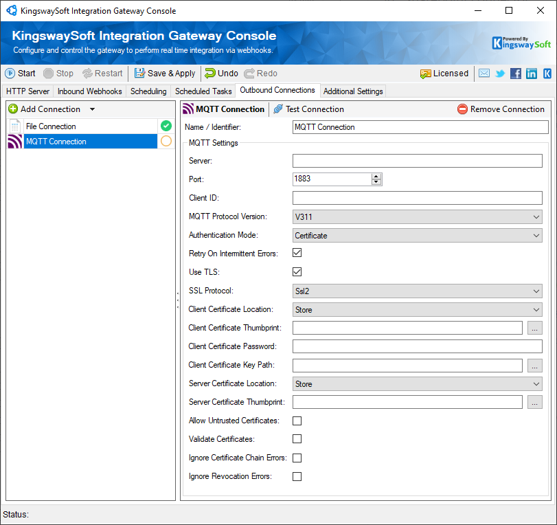 KingswaySoft Integration Gateway Console - Certificate Mode